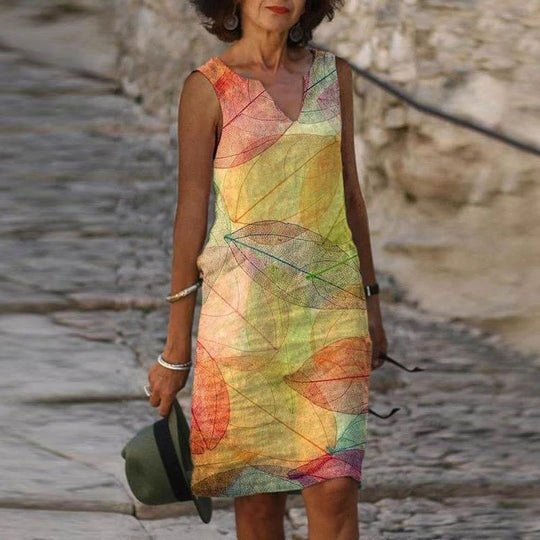 Rhea – Sleeveless Leaf-Print Dress