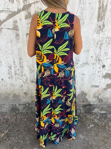 Ariane – Sleeveless Maxi Dress with Leaf Print