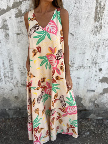 Ariane – Sleeveless Maxi Dress with Leaf Print