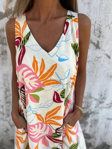 Ariane – Sleeveless Maxi Dress with Leaf Print