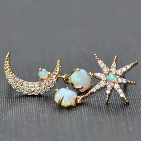 Celeste – Refined Moon & Star Gold Opal Earrings