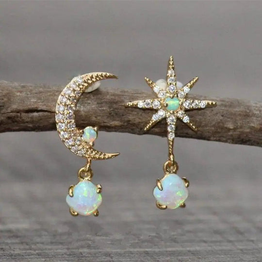 Celeste – Refined Moon & Star Gold Opal Earrings