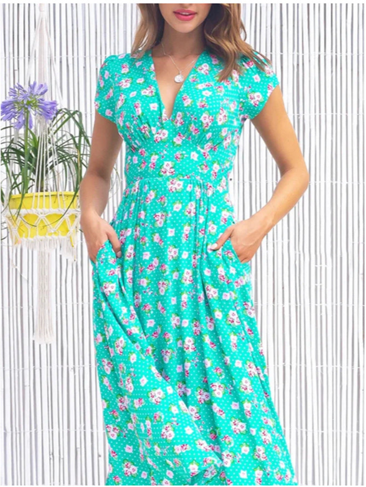 Stella – Floral Midi Dress with V-Neck