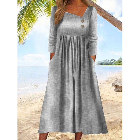 Nancy – Striped Midi Dress with Asymmetrical Neckline