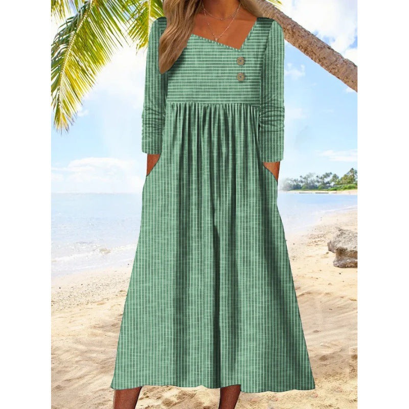 Nancy – Striped Midi Dress with Asymmetrical Neckline