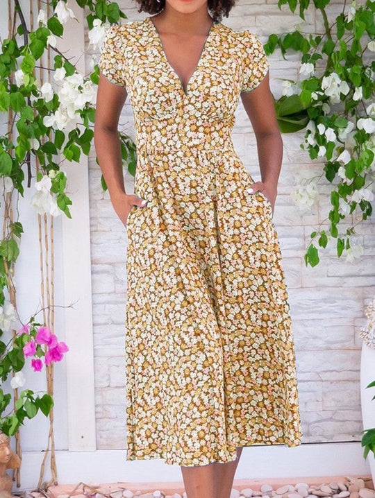 Stella – Floral Midi Dress with V-Neck