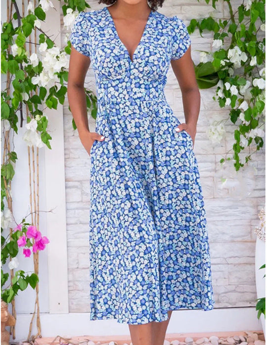 Stella – Floral Midi Dress with V-Neck