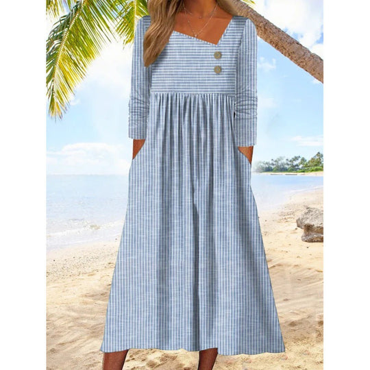 Nancy – Striped Midi Dress with Asymmetrical Neckline