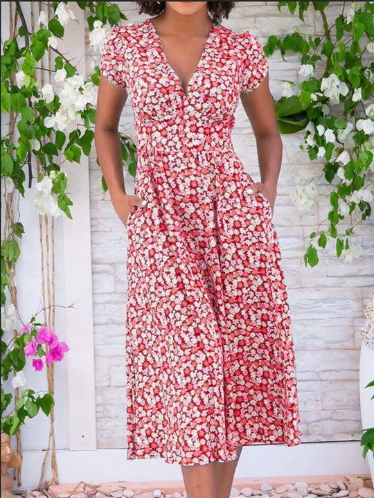Stella – Floral Midi Dress with V-Neck