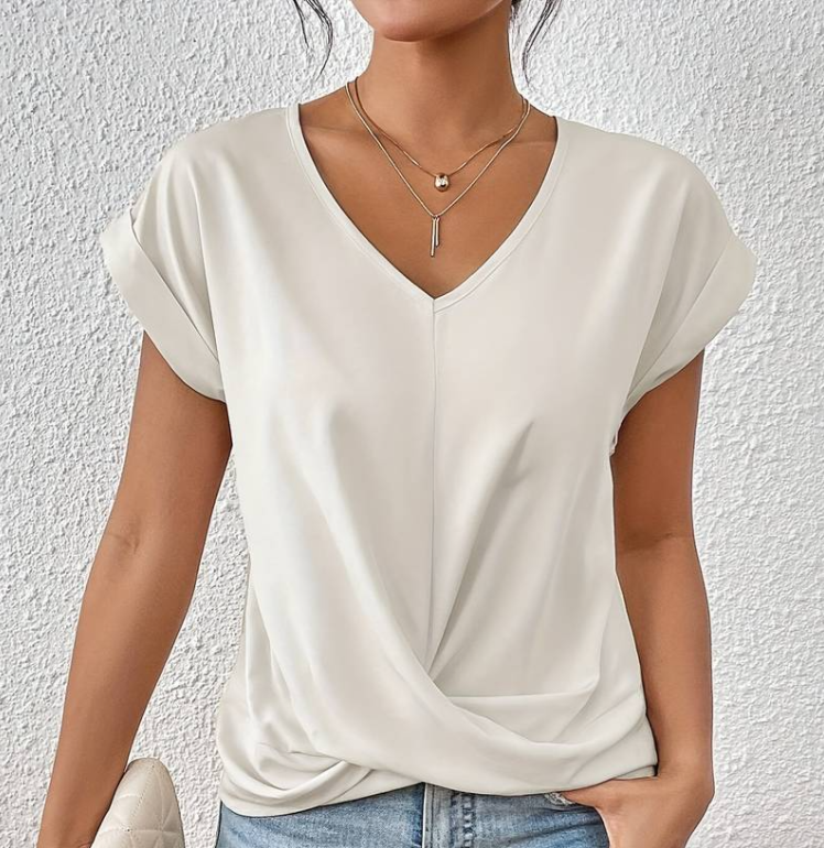 Sophia – Elegant Women's V-Neck Shirt with Tummy Coverage