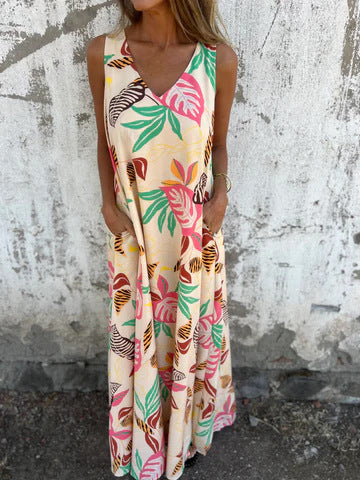 Ariane – Sleeveless Maxi Dress with Leaf Print