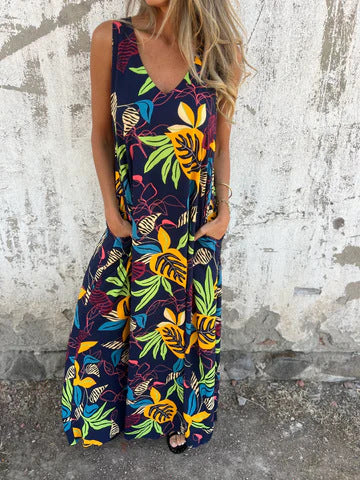Ariane – Sleeveless Maxi Dress with Leaf Print