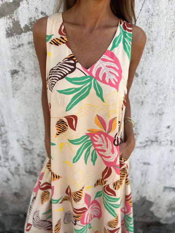 Ariane – Sleeveless Maxi Dress with Leaf Print