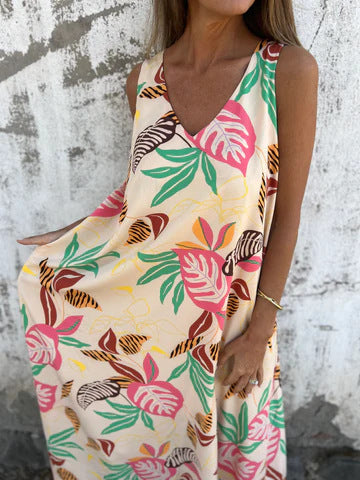 Ariane – Sleeveless Maxi Dress with Leaf Print